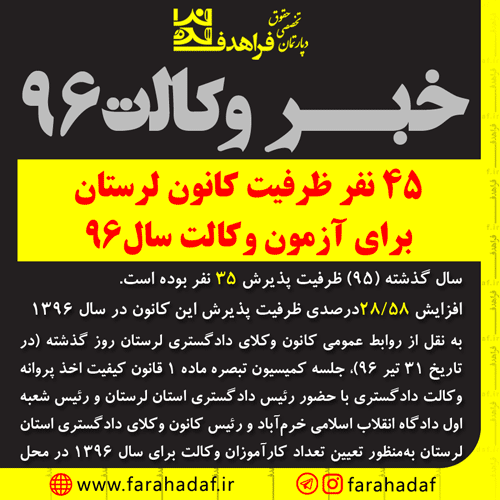 ظرفیت کانون وکلای لرستان در آزمون وکالت ۹۶ اعلام شد.