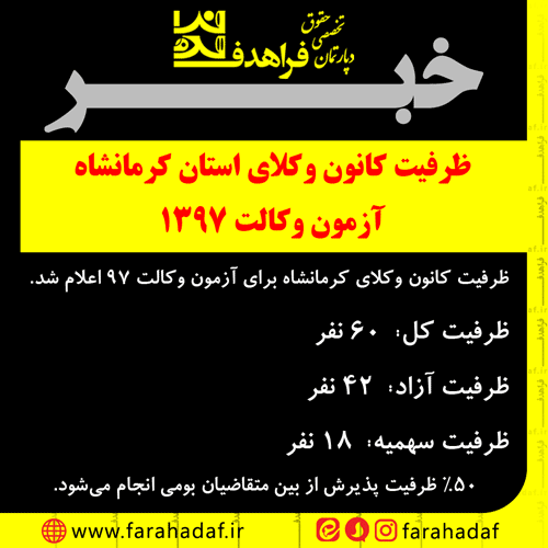 ظرفیت کانون وکلای کرمانشاه برای آزمون وکالت 1397